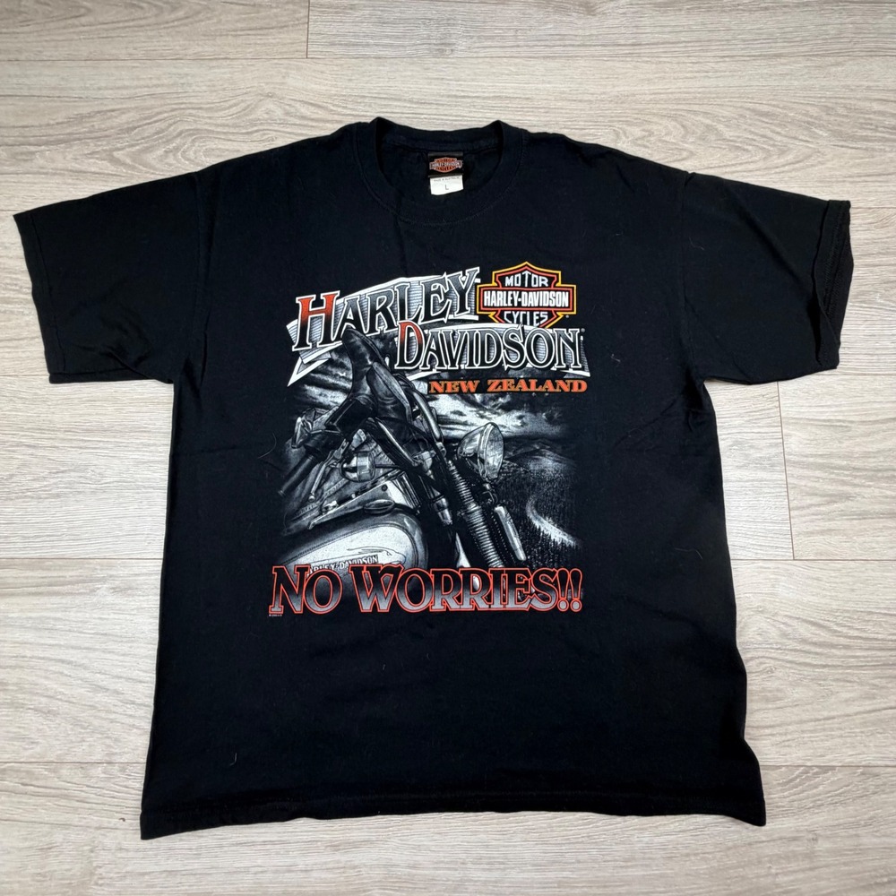 Vintage 2000 Harley Davidson New Zealand No Worries Black T-Shirt Mens‎ L